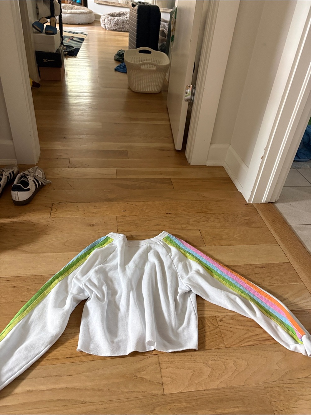Aviator Nation White Cropped Crewneck with Rainbow Sleeve Stripes and Pink Bolt - Picture 2 of 4